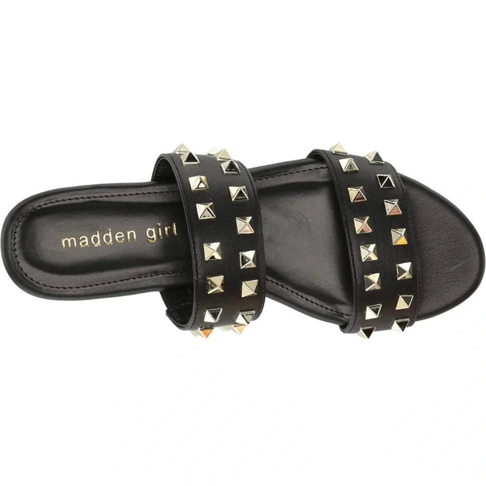 Madden Girl Black Platform Slide Sandals with Gold Studs